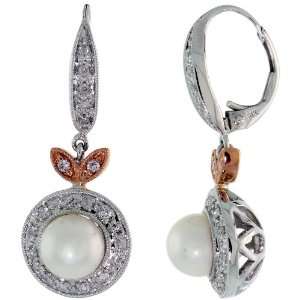 14k 2 Tone ( White & Rose ) Gold Pearl Dangle Earrings, w/ 0.25 Carat 