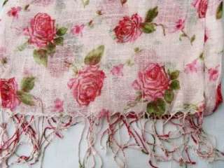 Romance Rose Pattern Cotton Linen Feminine Pink Scarf  