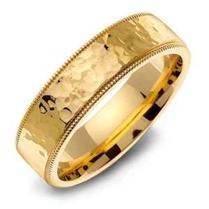 Contemporary 14K Yellow Gold Hammered Milgrain Flat Wedding Band Ring