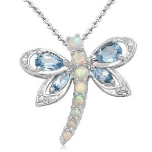   Multi Gems and Genuine White Diamonds Dragonfly Pendant, 18 Jewelry