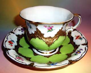 Rich Gold & Lime Green Floral Meissen Tea Cup and Saucer ~  