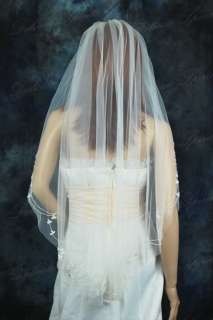 1T White Beaded Rhinestone Fingertip Wedding Veil  