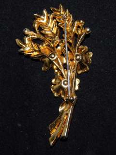 Vintage Enamel Rhinestone 3 Flower Pin w Leaves Bouquet  