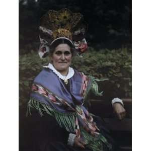 Matron Poses for a Portrait in a Unique Headdress and Shawl Stretched 