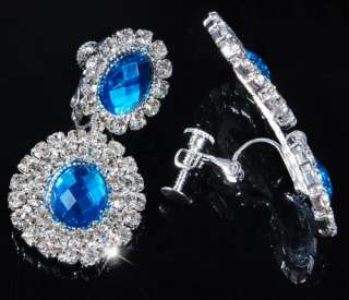 Blue Oval Rhinestone Necklace Earring Bridal Prom Set  