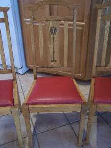 Antique Art Nouveau Arts & Crafts Set of 4 Dining Chairs Oak with Red 