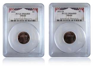PCGS MS66 RD 2011 P&D Lincoln Shield Cent Set of 2 Coins Bunting 
