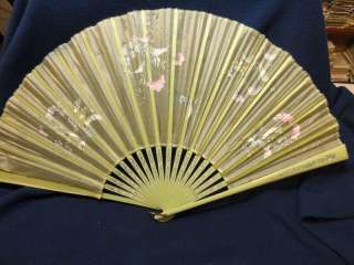 Lovely antique hand painted silk ladies fan. Light green celluloid 