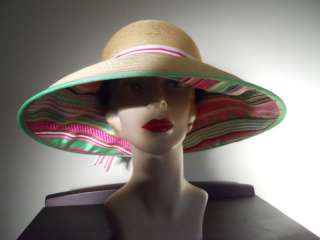 Casual Summer Kokin Hot Pink Lime Ribbon Straw Sun Hat  