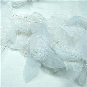 Luscious White Fabric Trim With 2 Organza Roses; 4 Wide Counting 