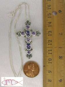 STERLING SILVER Large Amethyst Marcasite Cross Necklace  