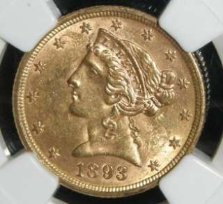 1893 $5 LIBERTY HEAD GOLD HALF EAGLE   NGC MS 62  