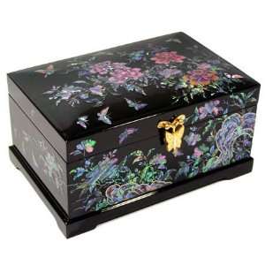   mother of pearl gift, lacquer wood jewelry case, black chrysanthemum