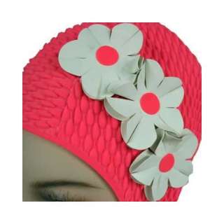    Pink W/White Flowers Vintage Style Latex Swim Bathing Cap Clothing