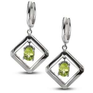 Modern, Diagonal Square Earrings With 7 MM Genuine Oval Peridot Center 