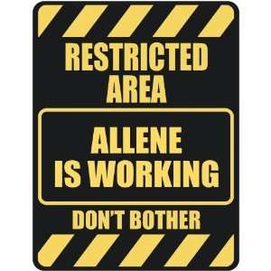   RESTRICTED AREA ALLENE IS WORKING  PARKING SIGN