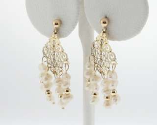 White Pearls Solid 14k Yellow Gold Dangle Earrings  