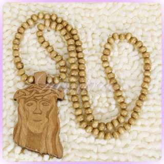 Wooden Jesus piece Christ Rosary God Pendant Necklace round beads 