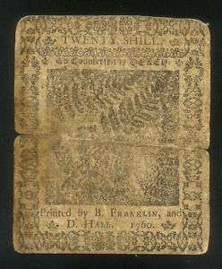   HISTORY PRINTED by B FRANKLIN 20 SHILLINGS PENNSYLVANIA 1760 PA  