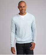 Hickey Freeman light blue cable knit cashmere v neck sweater style 