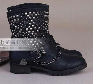 Sexy Studs Buckle Strap Low Heel Motorcycle Military Ankle Boots Shoes 