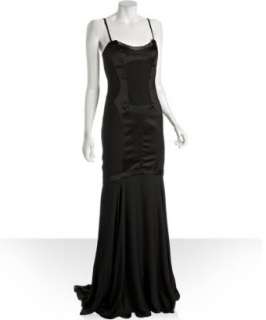 Nicole Miller black sateen inset exposed zip spaghetti strap gown 