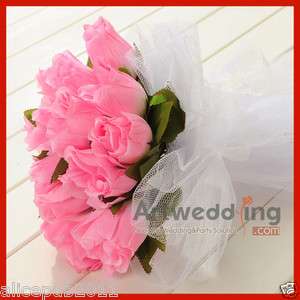 Love Pink Rose Mesh Wrap Bridal Bouquet Wedding Silk Flower with 