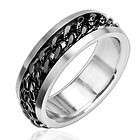Stainless Steel Mens Black Cuban Chain Spinning Wedding Band Ring 