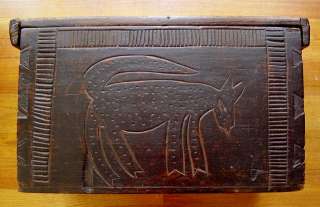   Board Wooden Chest w/ FOLK ART carved animal DOVETAILED BOX  
