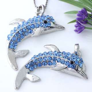 Silver Plated Blue Crystal Dolphin Bead Charm Pendant  