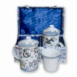  Tea for Two   White w/ Dragons Tea Cups with Strainers in 