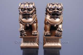 Chinese Foo Dog Lion Fu Bronze Statue Pair Figurines Feng Shui Items 