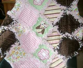 baby girl Rag quilt Retro pink green brown owls  