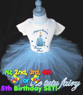 Cinderella Birthday Shirt Name Age & light blue tutu set outfit 1st 