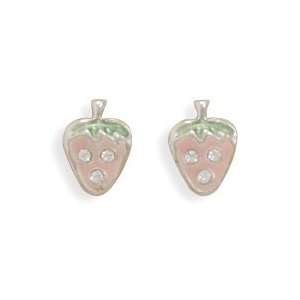 Sterling Silver Pink 7 Green Enamel Strawberry Stud Earrings w/ Clear 