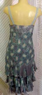 FLirty Fun blue/grey silk Ruffle tiered Dress sz6 33b  