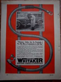 1929 WHITAKER Battery Cables & Terminals for Car Ad  