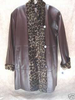 STUNNING BROWN FAUX LEATHER AND ANIMAL PRINT COAT 1X  