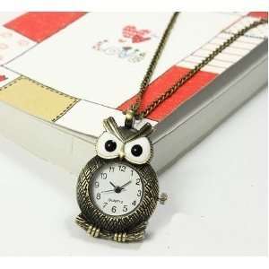   Style Personality Big Eyes Owl Pocket Watch Necklace Bronze Quartz