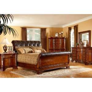  Old World 4 Pc. California King Leather Sleigh Bed Set 