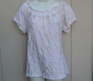 White w/metallic silver embroidered Boho/Peasant blouse knit Tunic top 