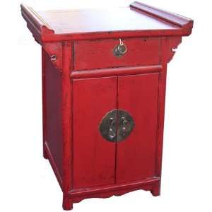 21 inch H. Antique red lacquer Oriental Cabinet with drawer and two 