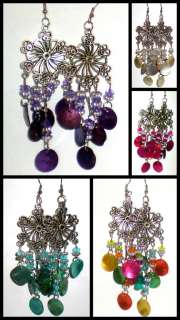   Flower & Hearts Chandelier Dangling Abalone & Beads Earrings * U Pic