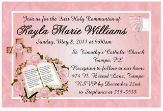 PERSONALIZED FIRST HOLY COMMUNION INVITATIONS pink bible cross  