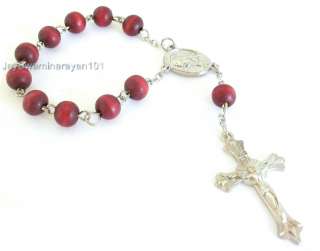 One Decade Travel Pocket Red Wooden Rosary Beads Prayer  