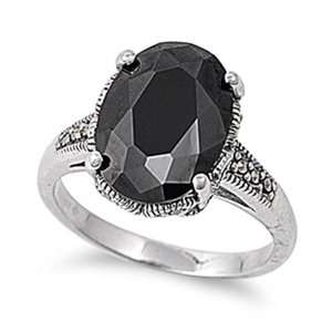   Engagement Ring Black CZ, Marcasite Solitare Ring 14MM ( Size 6 to 10