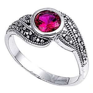   Engagement Ring Bezel Set Ruby CZ Marcasite Solitaire Ring 10MM ( Size
