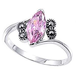   Engagement Ring Marquise Shape Pink CZ Marcasite Ring 11MM ( Size 5 to