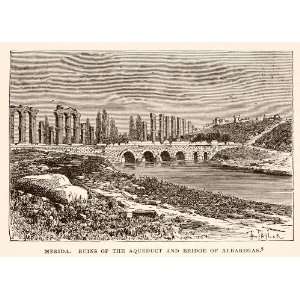  1890 Wood Engraving Ancient Roman Merida Aqueduct 