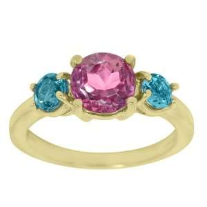  2.35 Ct 3 Stone Pink & Blue Topaz 14K Yellow Gold Ring 